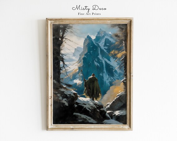 Fantasy Wizard With Staff Snowy Mountain Oil Painting Poster