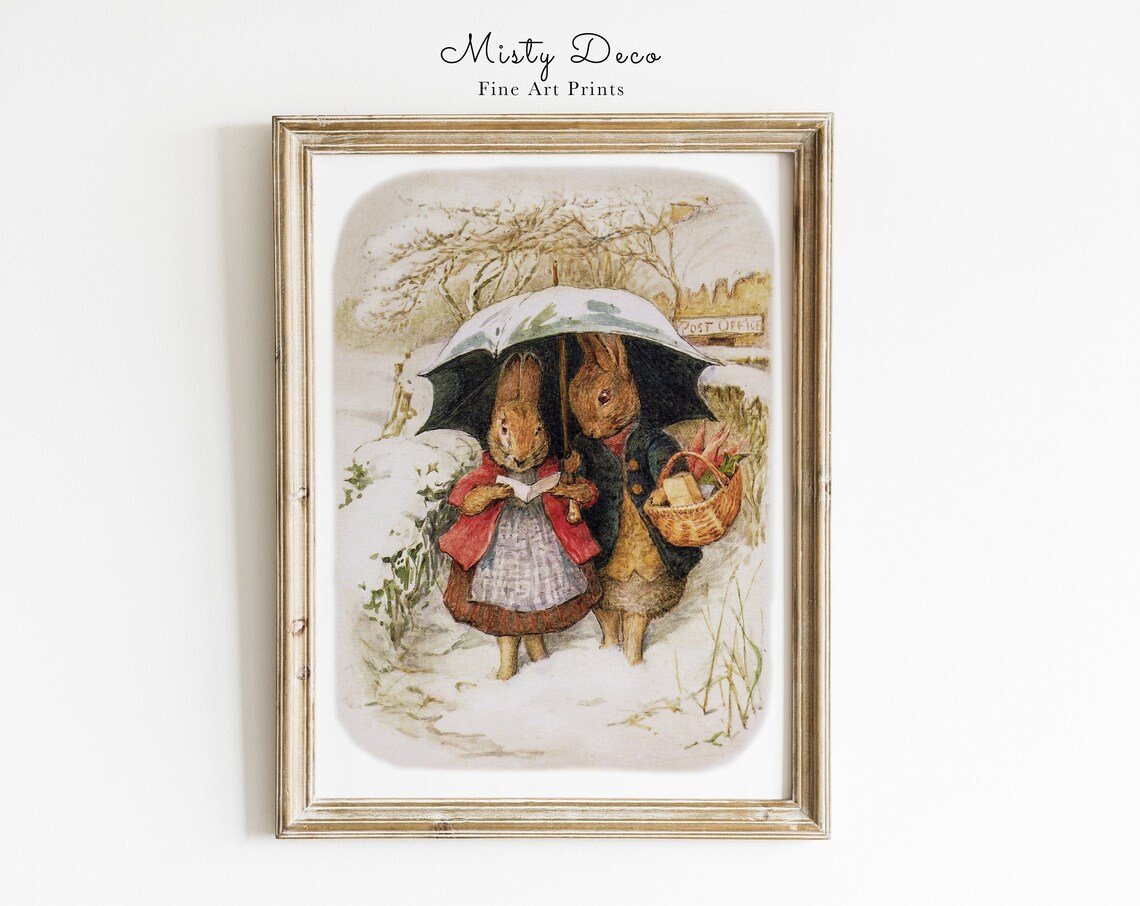 Cute Rabbits Under Umbrella, Nursery Room Art Print