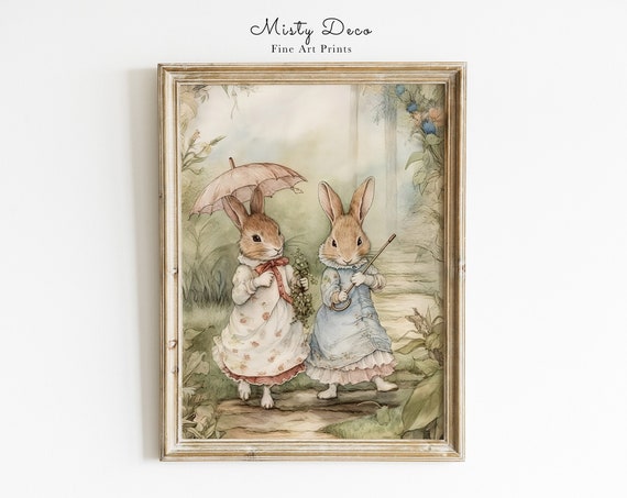 Cute Bunnies Nursery Wall Art Beatrix Potter Rabbit Watercolor Illustration Vintage Pester For Childrens Room