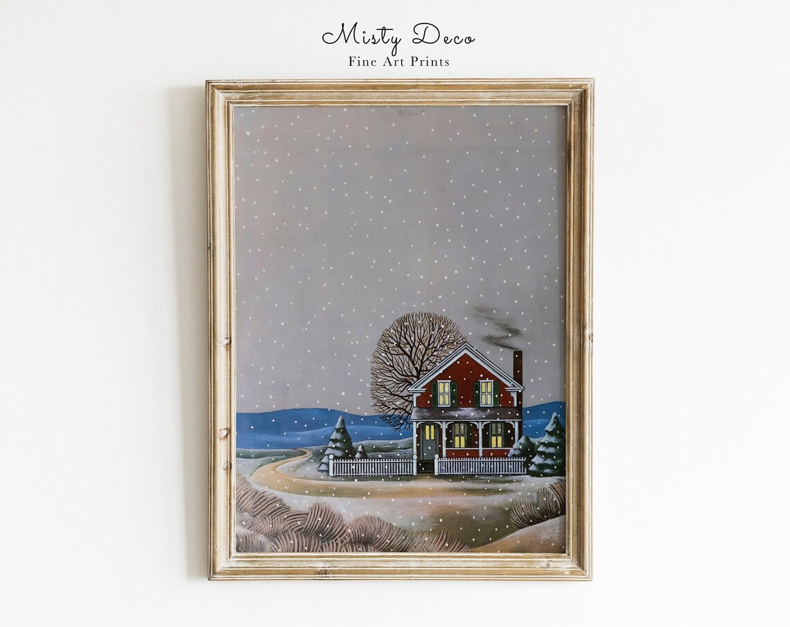 Red House in Snowy Field Vintage Winter Landscape Poster Christmas Art