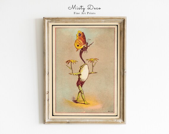 Vintage Circus Frog Balancing Butterfly Antique Illustration Poster