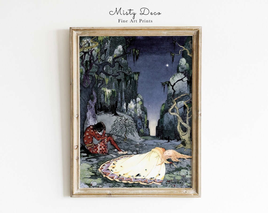 Vintage Fairytale Night Forest Sleeping Maiden Moonlight Poster