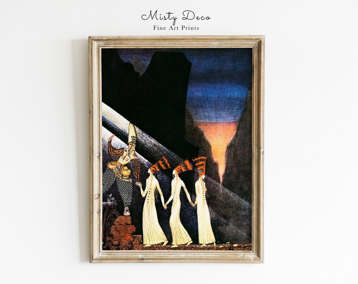 Vintage Fairytale Three Women in White Gowns Night Scene Poster