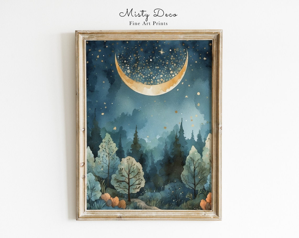 Golden Crescent Moon Over Starry Forest Watercolor Night Poster
