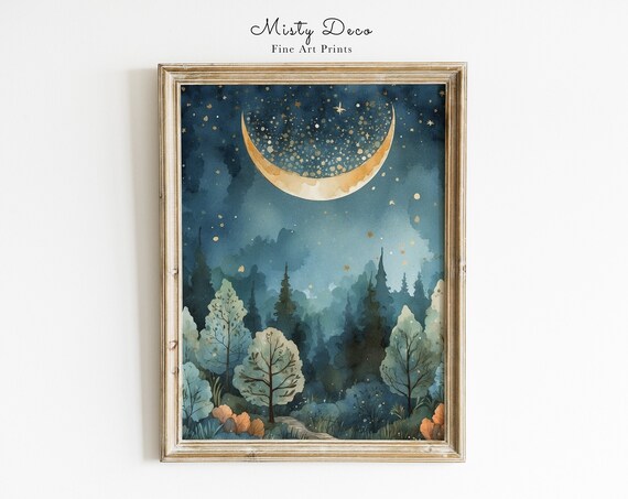 Golden Crescent Moon Over Starry Forest Watercolor Night Poster