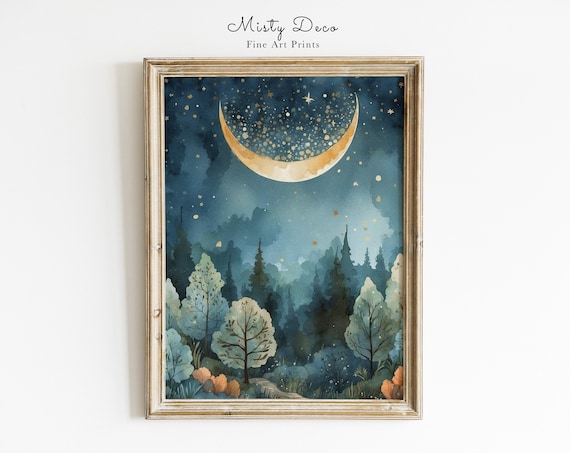 Starry Night And Crescent Moon Over Magical Forest Watercolor Painting Fairytale Sky Illustration Dreamy Landscape Print Art