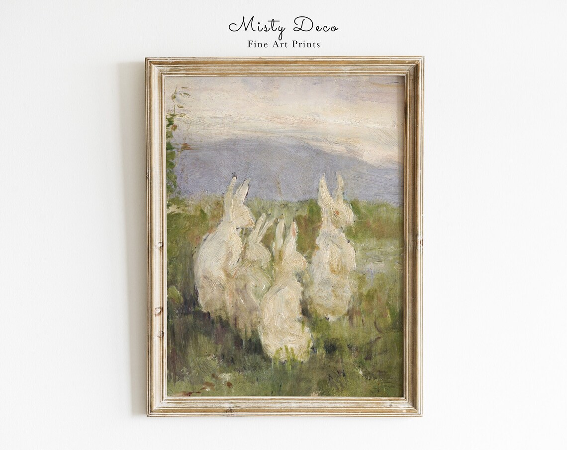 White Rabbits Meadow Vintage Style Oil Painting Spring Poster