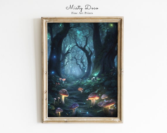 Enchanting Spiritual Mushroom Forest Illustration Fantasy With Mushrooms And Fireflies Print Art Whimsical Fairytale Poster