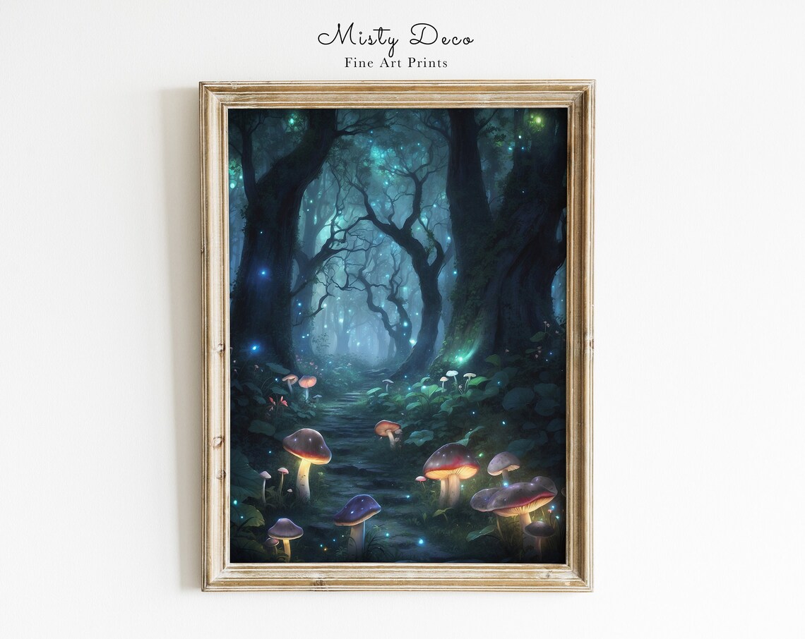 Enchanted Glowing Mushroom Forest Night Fantasy Painting Poster