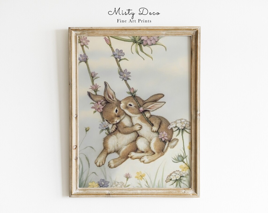 Cute Bunnies on a Swing Watercolor Art Print