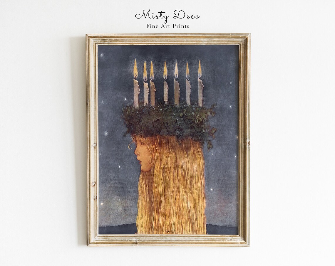 Saint Lucia Girl Candle Crown Vintage Illustration Poster Winter Art