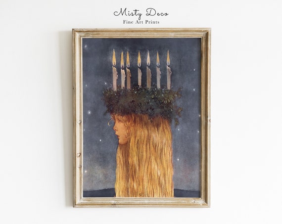Rare Lucia Art By John Bauer Fine Print Whimsical Fairy Tale Folktales Wall Decor Girl With Candles Saint