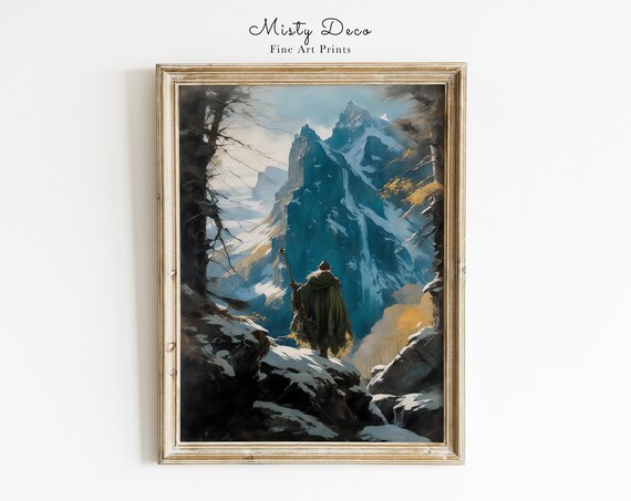 Cloaked Traveler Snowy Mountain Peaks Fantasy Adventure Poster