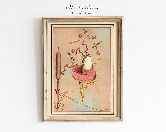 Frog Ballerina Vintage Illustration Funny Tightrope Juggling Wall Art