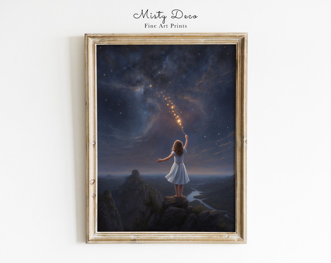 Girl Lighting Up The Stars Kids Room Wall Art Illustration Starry Sky