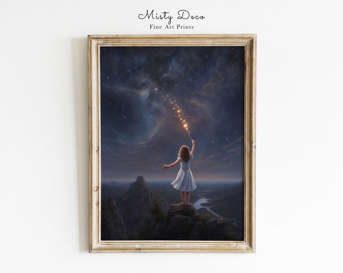 Little Girl Painting Stars In Night Sky Kids Room Magic Art Poster