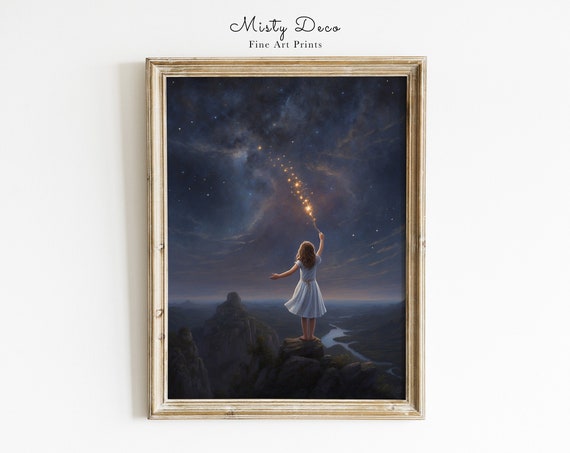 Girl Lighting Up The Stars Kids Room Wall Art Illustration Starry Sky