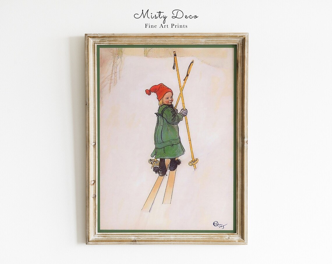 Carl Larsson Girl Skiing Vintage Christmas Illustration Poster