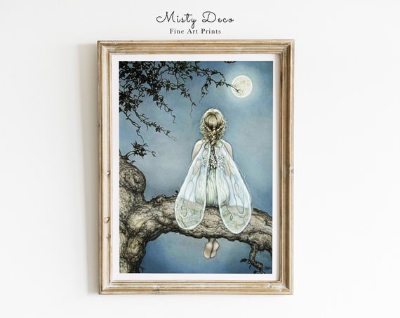Cute Vintage Fairy Illustration Forest For Nursery Moon Print Art Fairytale Kids Room Poster Tale Girls