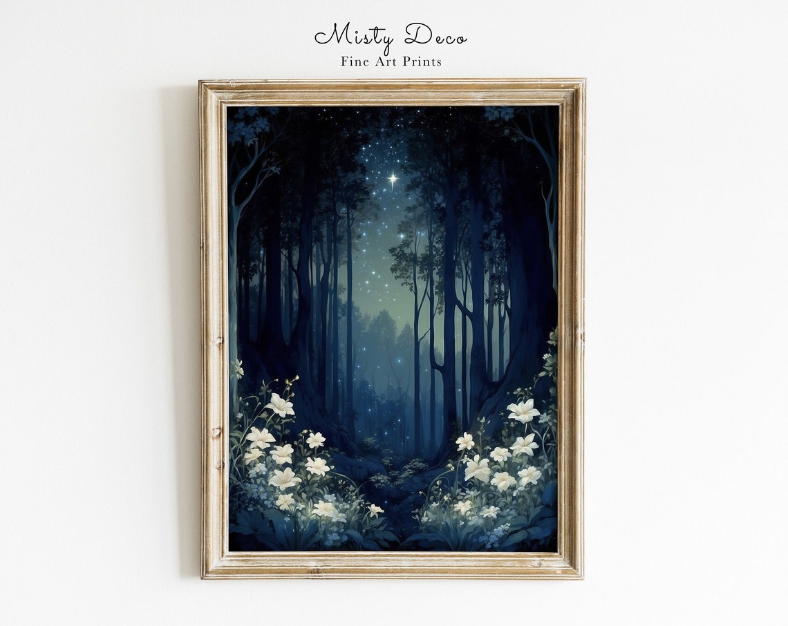 Dark Magical Forest With Fireflies And A Starry Sky Watercolor Painting White Flowers Enchanting Landscape Wall Art