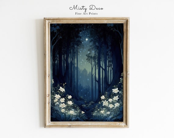Dark Magical Forest With Fireflies And A Starry Sky Watercolor Painting White Flowers Enchanting Landscape Wall Art
