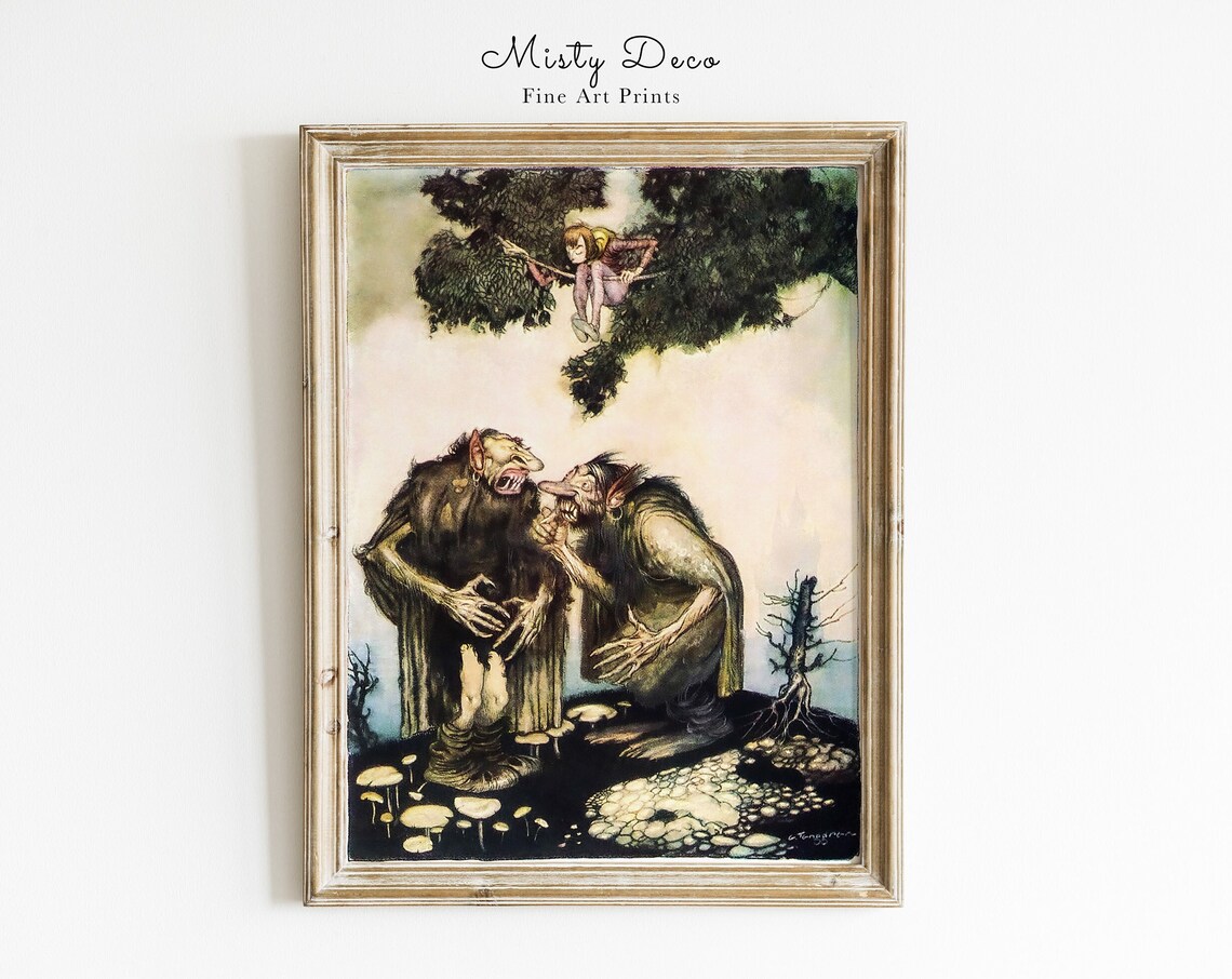 Boy and Ogres Vintage Fairytale Illustration Poster Troll Forest Scene