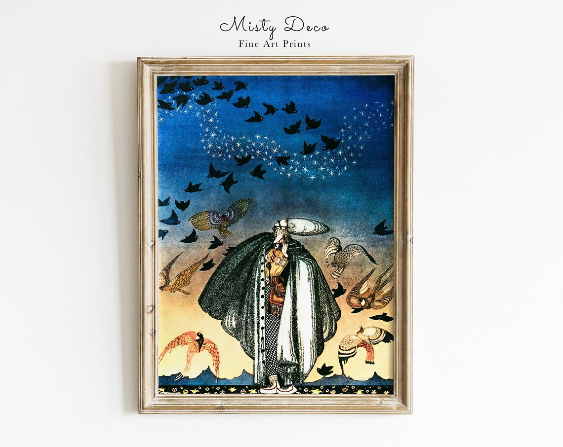Vintage Fairytale Cloaked Figure Among Birds Starry Night Poster