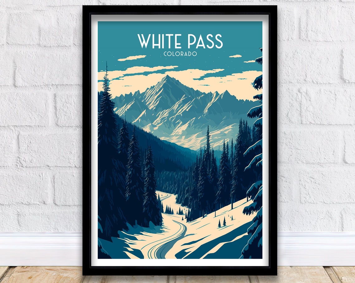 White Pass Colorado Snowy Mountain Pines Retro Travel Poster