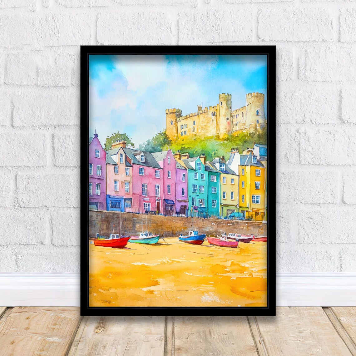Charming Coastal Harbour Town with Castle Watercolor Seascape Poster