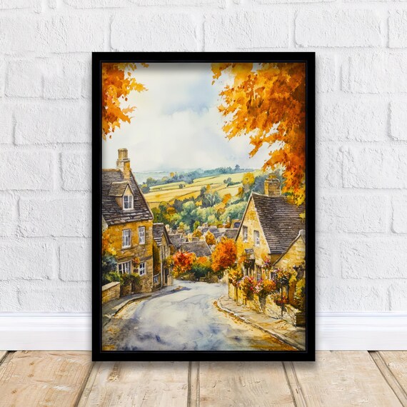 Cotswolds English Autumn Village Stone Cottages Watercolor Art Poster