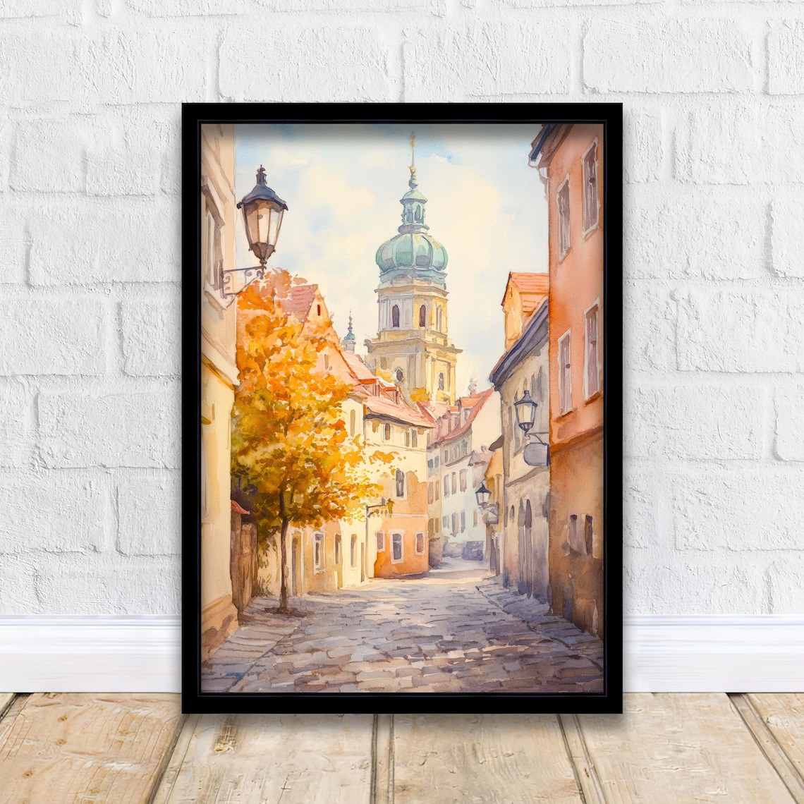 European Old Town Autumn Street Watercolor Church Spire Poster