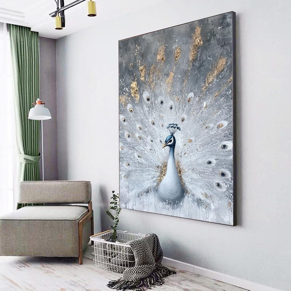 White Peacock With Gold Feathers Grey Elegant Bird Painting Poster - Image 5
