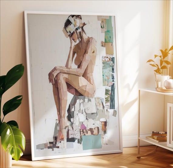 Seated Nude Woman Abstract Art Female Body Figure Collage Modern Minimalist Design Textured Contemporary Fine Print