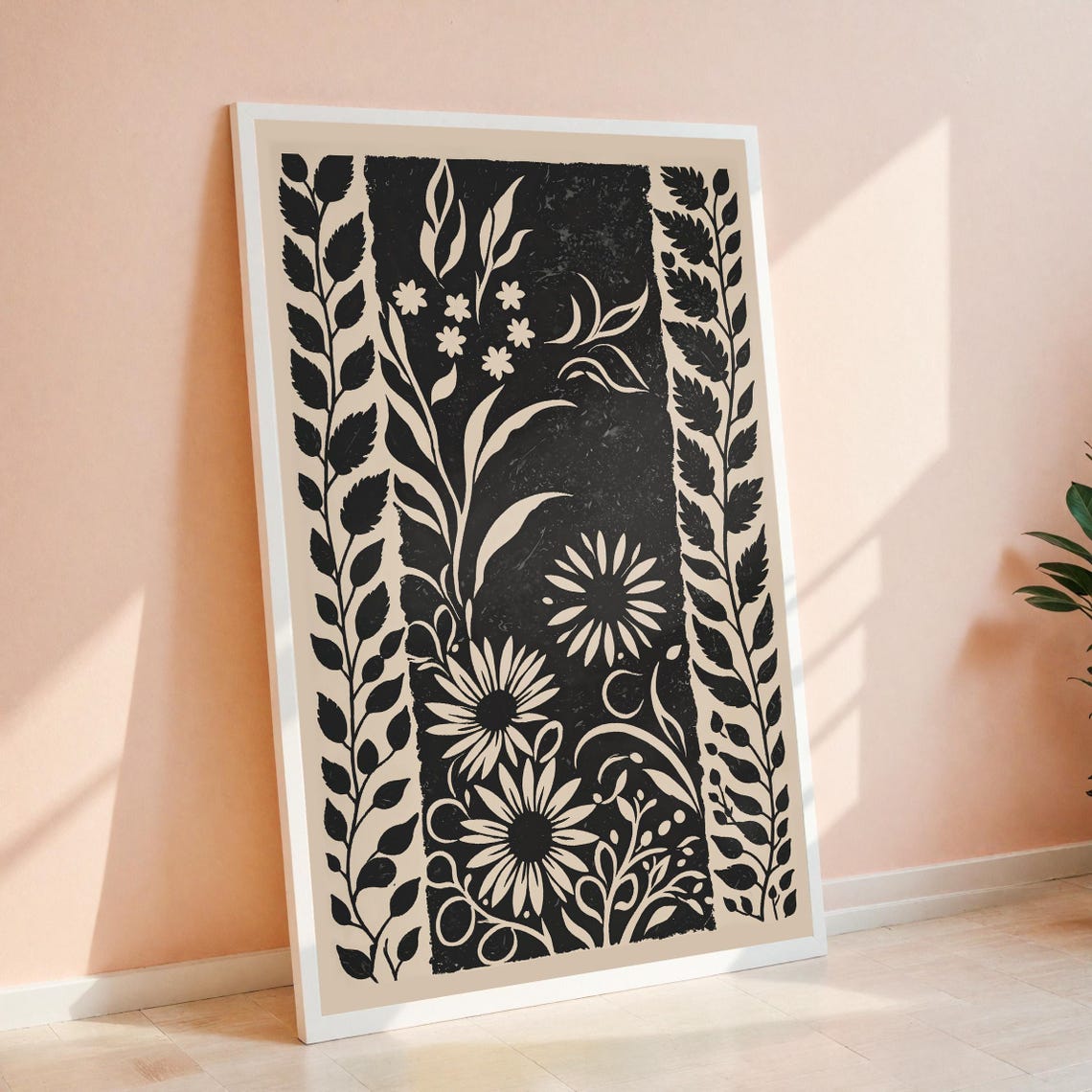 Monochrome Floral Block Black Cream Daisy Botanical Art Poster