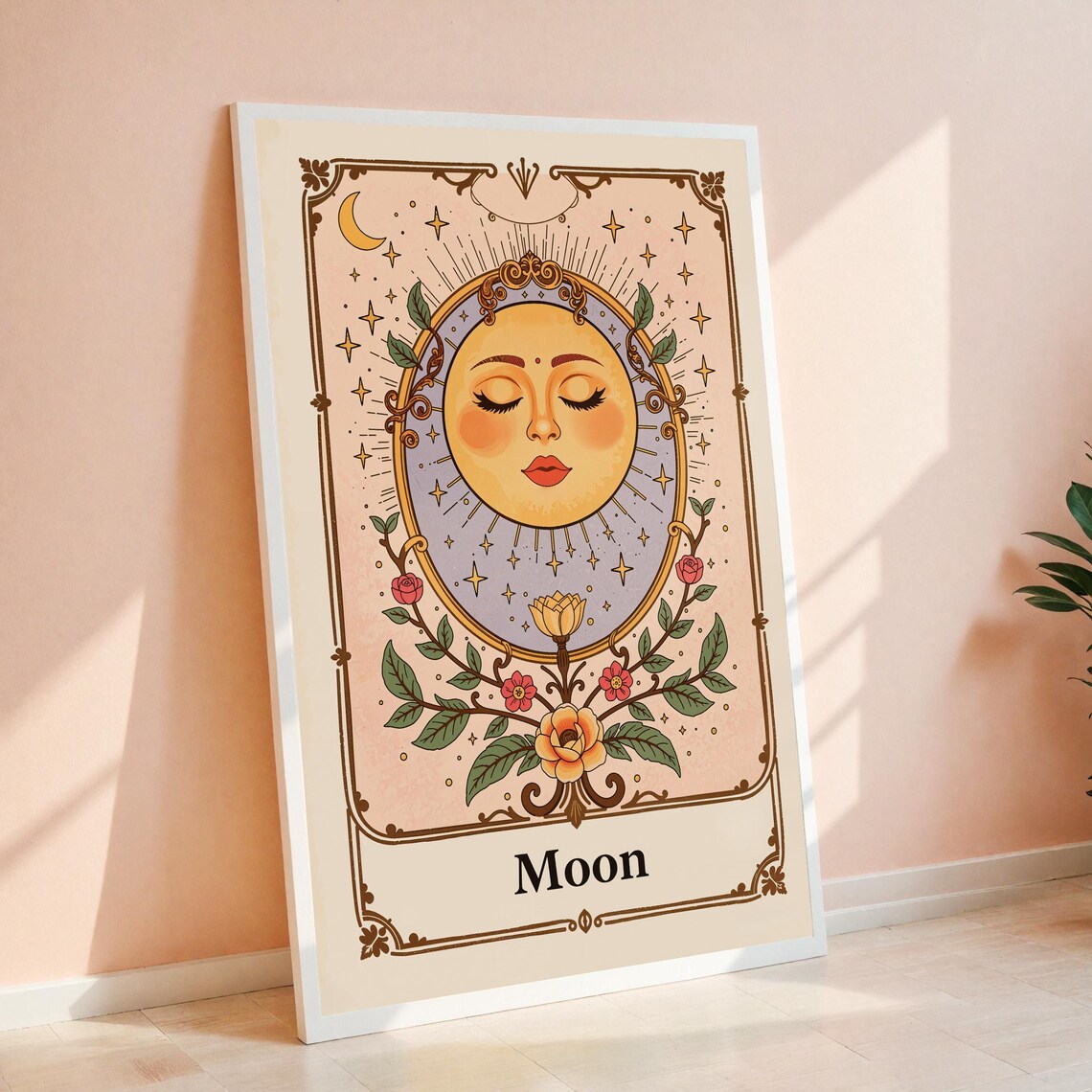 The Moon Tarot Card Vintage Celestial Floral Boho Mystical Poster