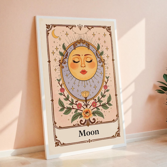 The Moon Tarot Card Vintage Celestial Floral Boho Mystical Poster