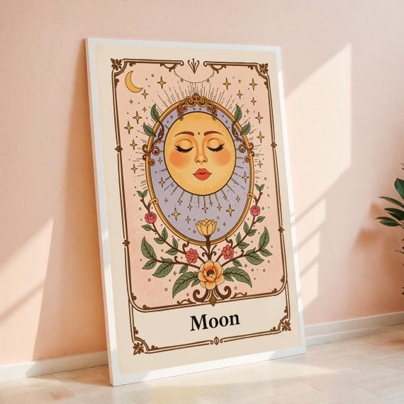 Vintage Moon Tarot Art Print Celestial Floral Boho Wall Mystical And Stars Poster Astrology