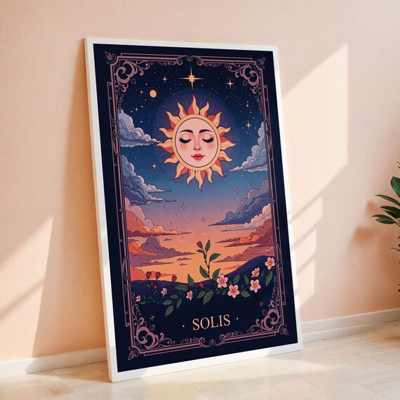 Solis Sun Tarot Celestial Night Sky Floral Mystical Art Poster