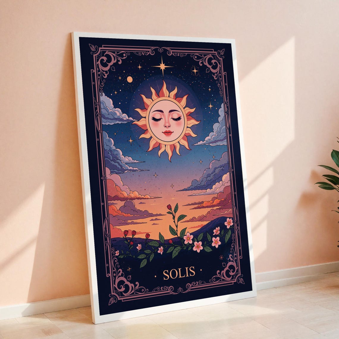 Solis Sun Tarot Celestial Night Sky Floral Mystical Art Poster