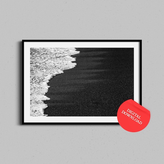 Black Sand Beach Wave Foam Black and White Ocean Photo Print
