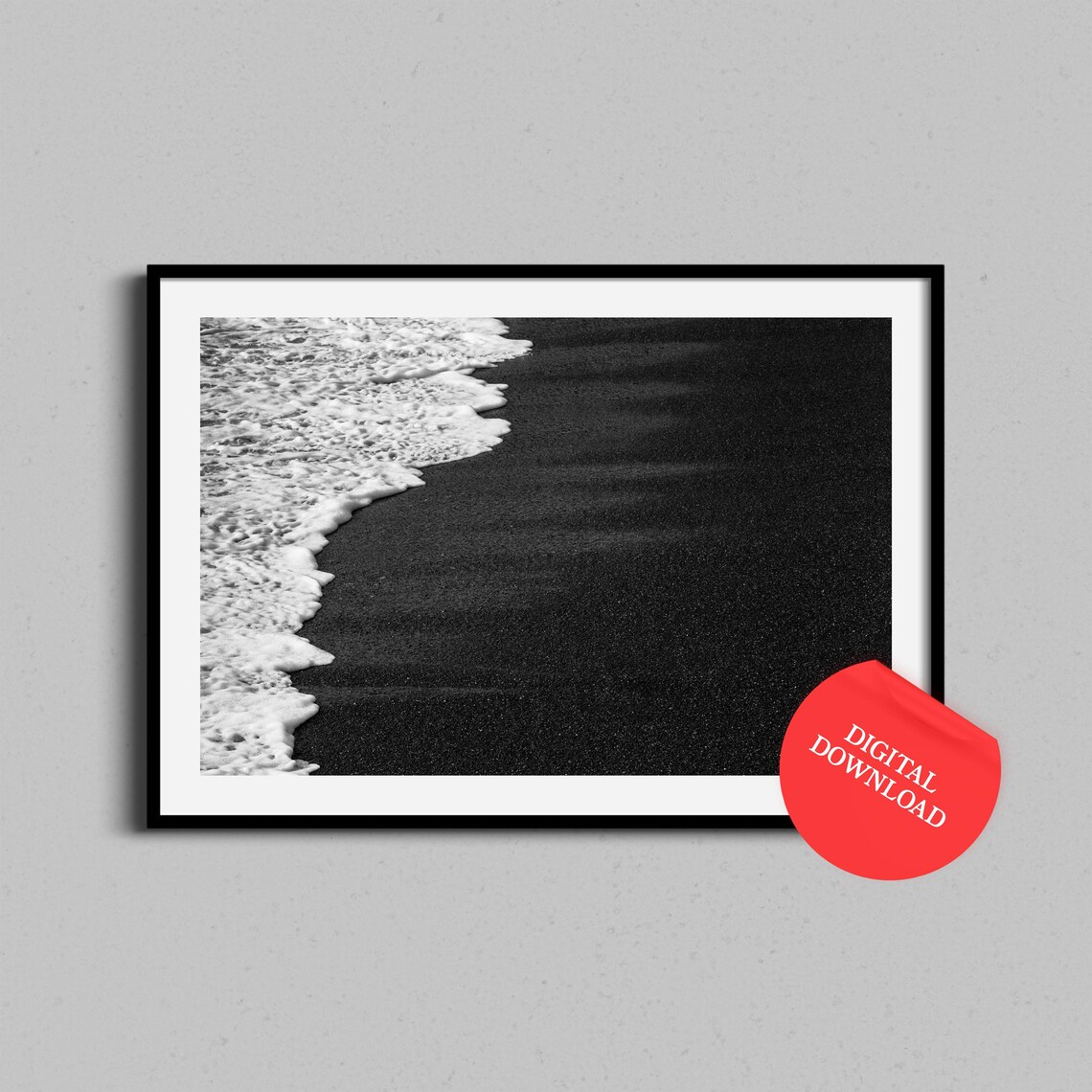 Black Sand Beach Wave Foam Black and White Ocean Photo Print