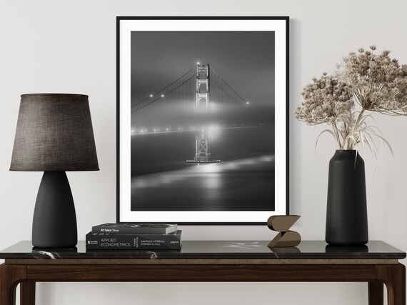 Golden Gate Bridge Foggy Night Black And White Photography Poster