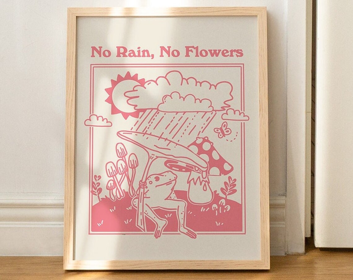 No Rain No Flowers Pink Frog Mushroom Rain Retro Affirmation Poster - Image 3