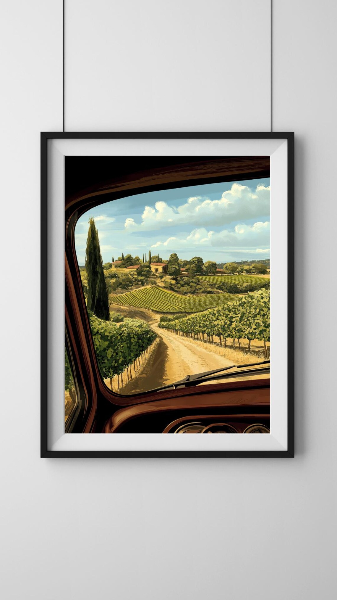 Vintage Car Window View Of Tuscan Vineyard Road Illustrated Poster