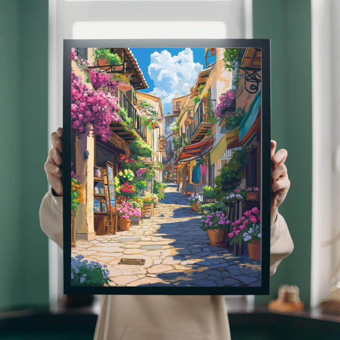 Sunlit Spanish Old Town Street With Flowers And Cobbled Lane Poster - Image 5