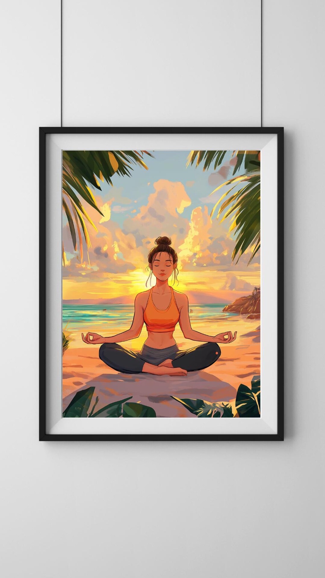 Woman Meditating On Beach At Sunrise Anime Style Yoga Art Poster