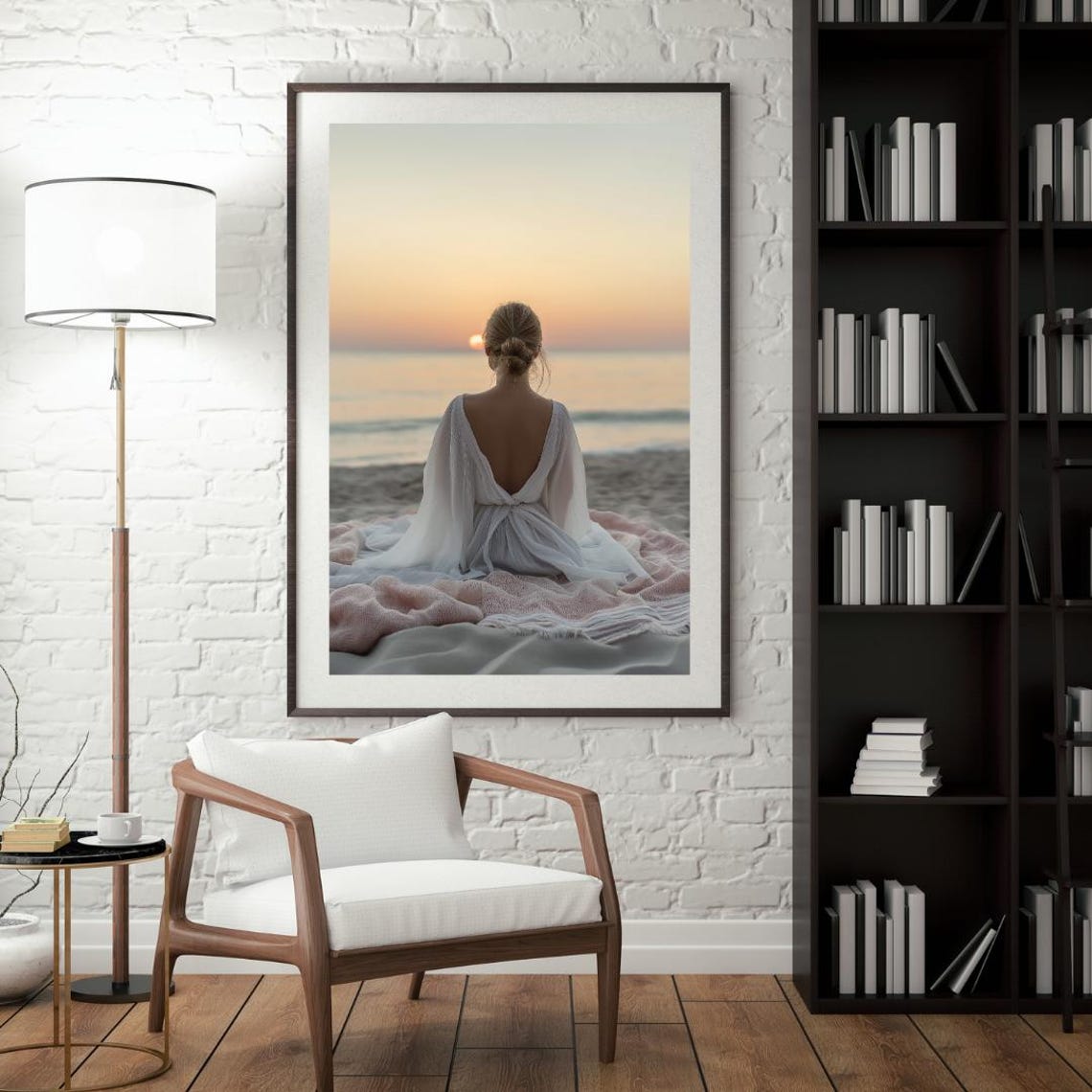 Serene Woman At Beach Sunset Facing Golden Ocean Waves Poster - Image 4