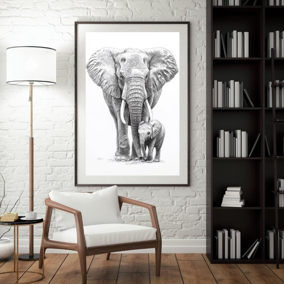Elephant Mother and Calf Pencil Drawing Tender Nature Art Poster - Image 4