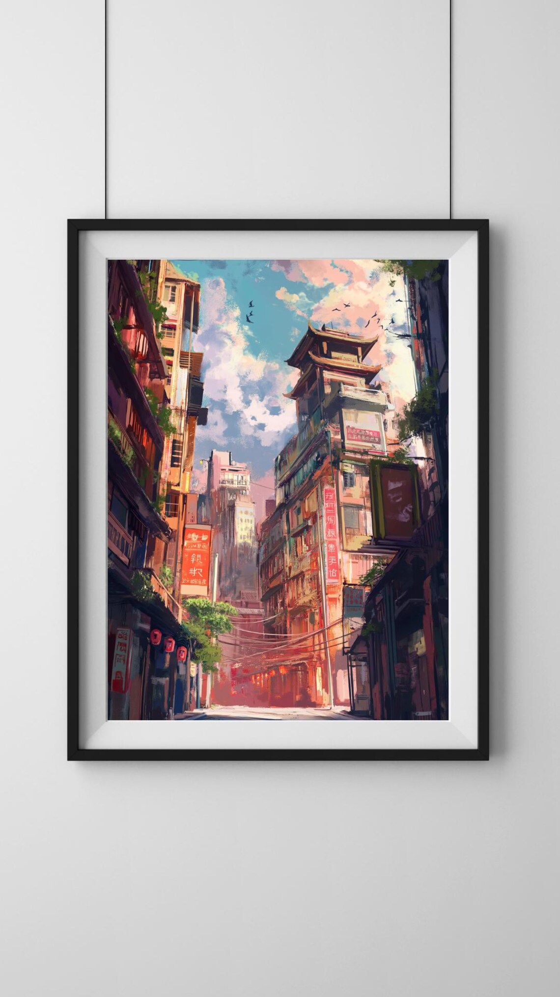 Pagoda Tower Above Bustling Asian City Street Illustration Poster