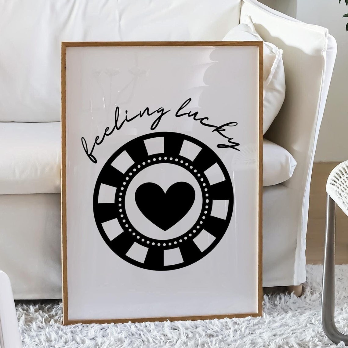 Feeling Lucky Poker Chip Heart Black White Trendy Girls Poster